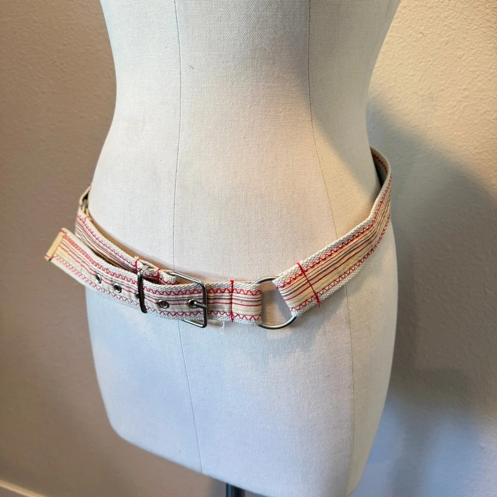 Woven Canvas Striped Belt Red Cream Silver Buckle D-Ring Grommet Casual Boho